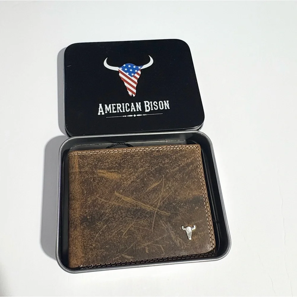American Bison Men's Bifold Brown Leather Wallet New In Box